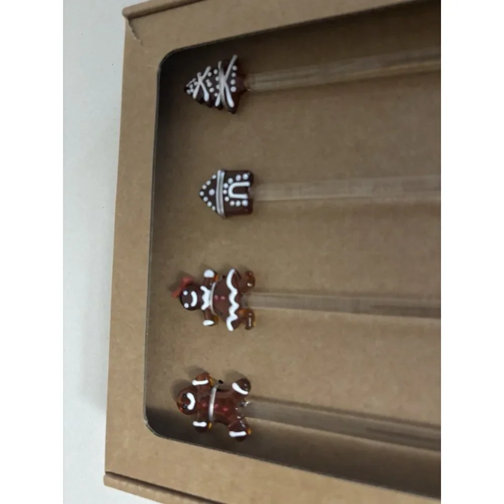 Pottery Barn‎ Gingerbread Icon Glass Stir Sticks, Set Of Four Stirrers NEW